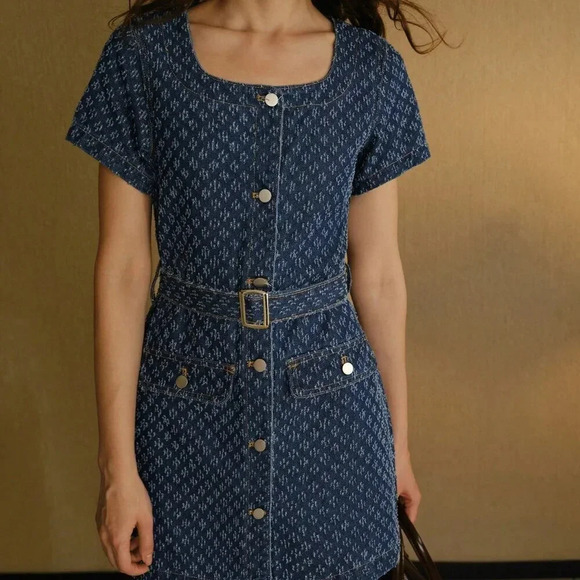 Blue Women's Flap Detail Buckle Belted Swiss Dot Denim Dress - Picture 7 of 8